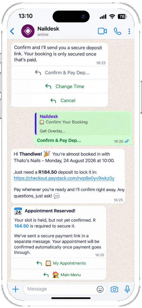 A real WhatsApp conversation where the NailDesk bot asks a client for a deposit and reserves their appointment
